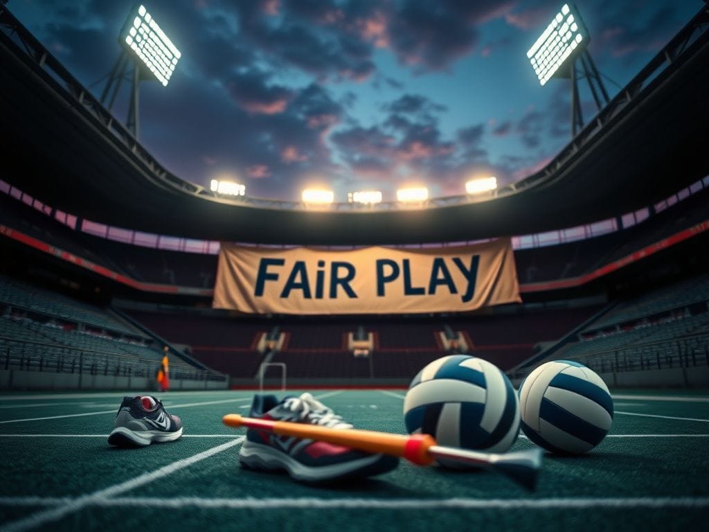 Flick International Overhead view of an empty sports stadium with vibrant floodlights and athletic equipment representing both male and female sports.