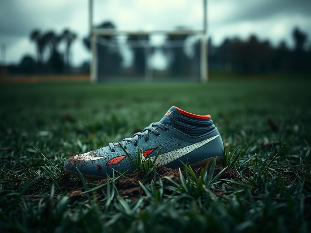 Flick International Close-up of a discarded football cleat on a grass field, symbolizing Cam Skattebo’s injury aftermath