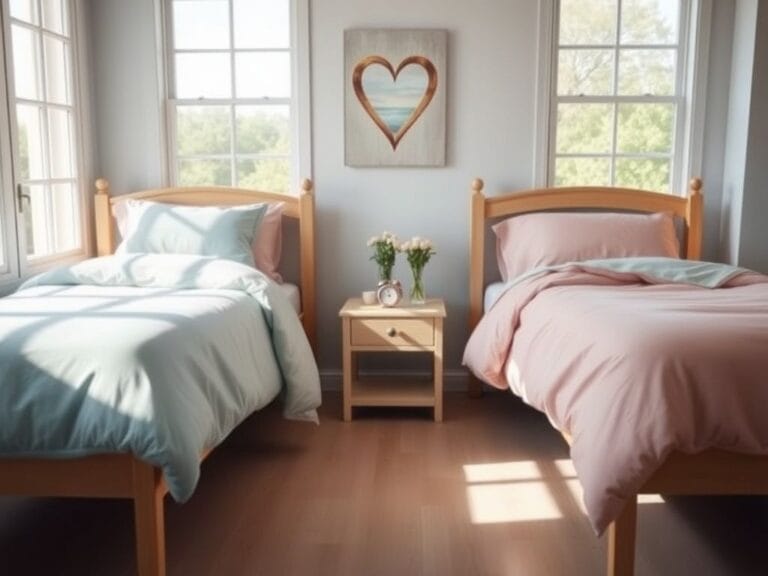 Flick International Cozy bedroom scene with two separate beds and warm pastel decor