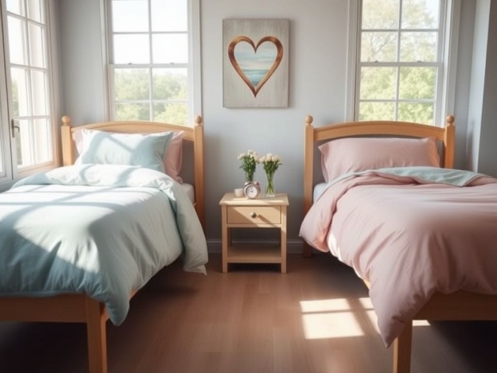 Flick International Cozy bedroom scene with two separate beds and warm pastel decor