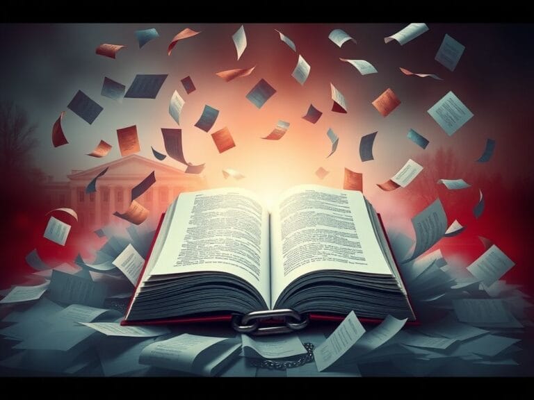 Flick International Open book amidst swirling papers symbolizing academic freedom and ideological conflict