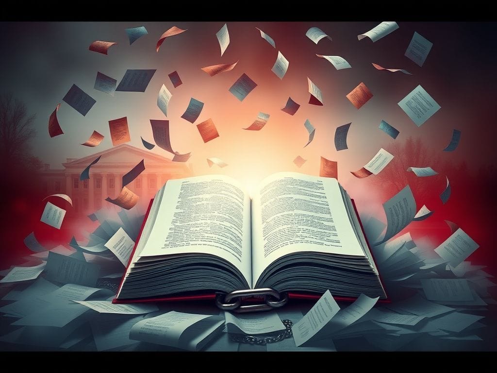 Flick International Open book amidst swirling papers symbolizing academic freedom and ideological conflict