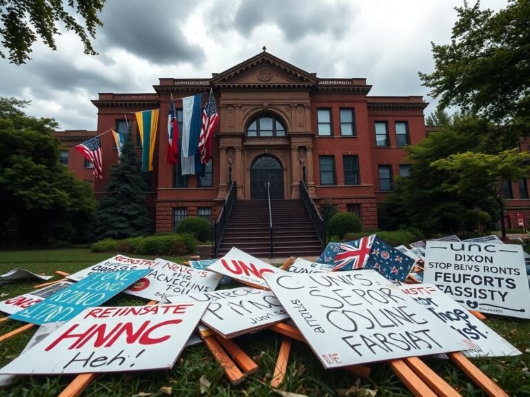 Flick International A dramatic university campus scene featuring a historic brick building with colorful flags and protest signs on the ground