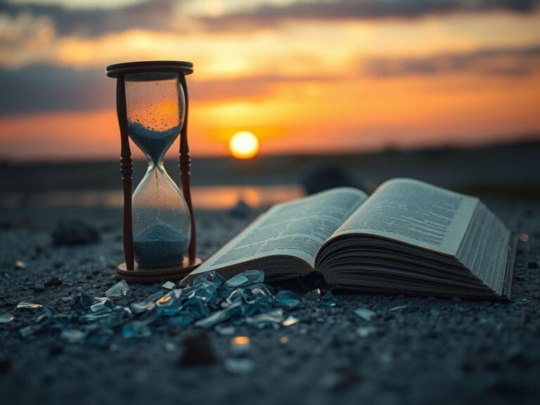 Flick International Broken hourglass symbolizing the passage of time and complexities of life with scattered shards of glass