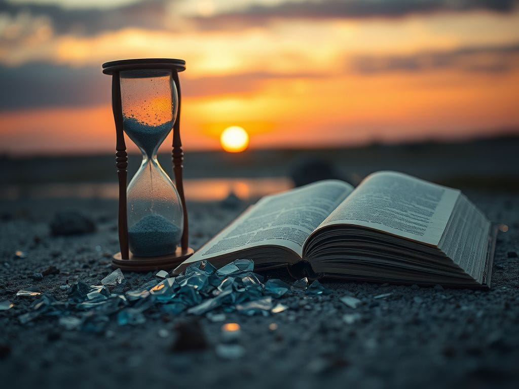 Flick International Broken hourglass symbolizing the passage of time and complexities of life with scattered shards of glass