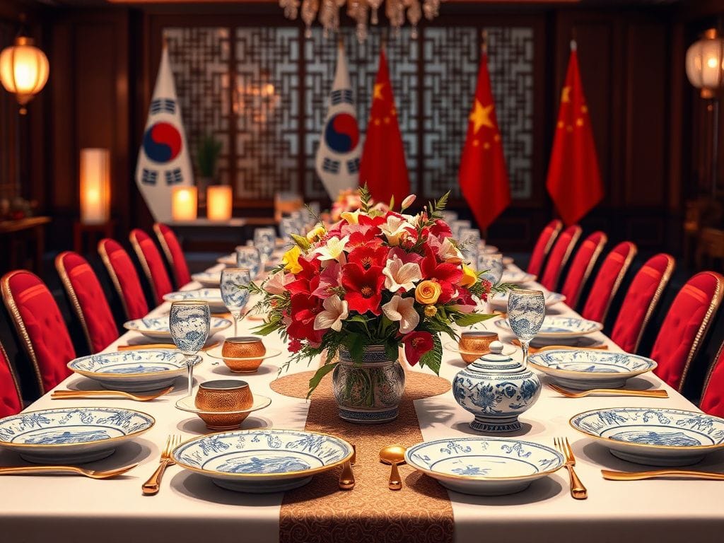Flick International Lavish banquet table set for a diplomatic dinner in South Korea