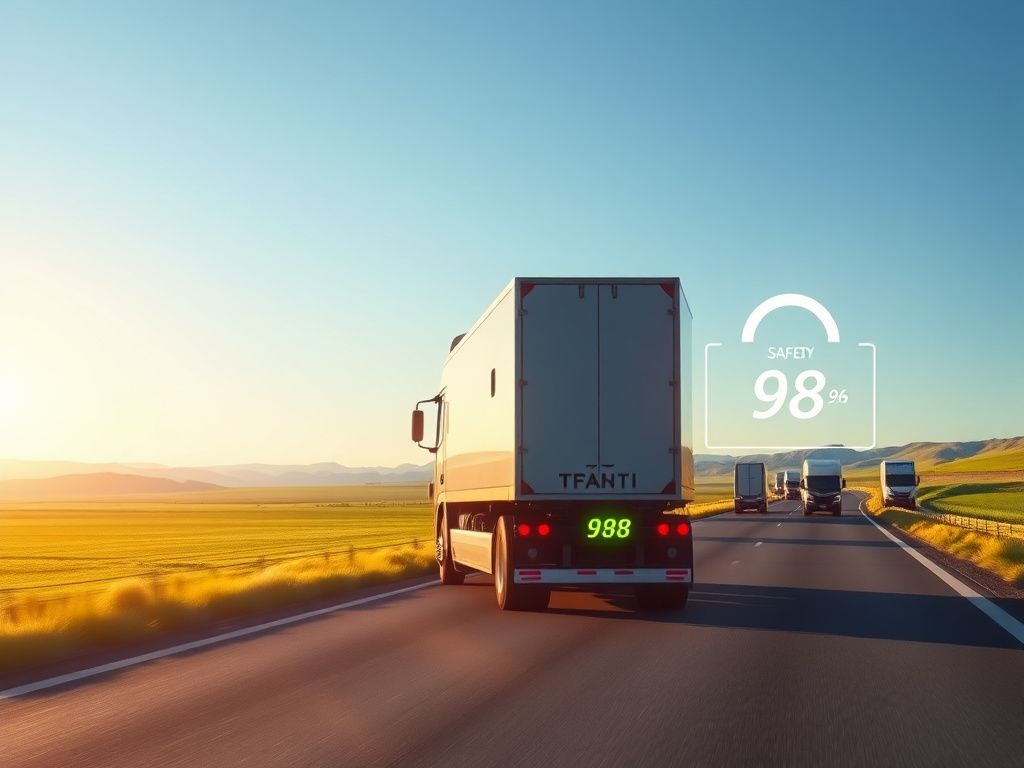 Flick International A sleek, futuristic autonomous truck driving on a highway surrounded by green fields and hills