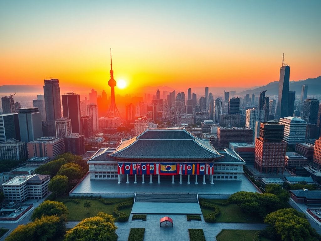 Flick International Bird's-eye view of a South Korean city skyline at dawn featuring modern skyscrapers and traditional architecture