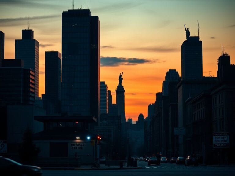 Flick International Somber urban landscape of New York City at twilight with police station and campaign rally visuals.
