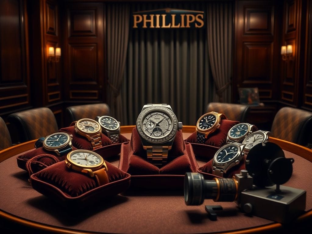 Flick International Luxurious auction scene displaying high-end watches at Phillips auction house in New York City