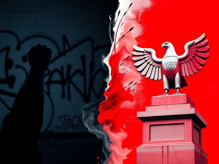 Flick International A split-screen image contrasting cultural ideologies with a raised fist and a symbolic monument.