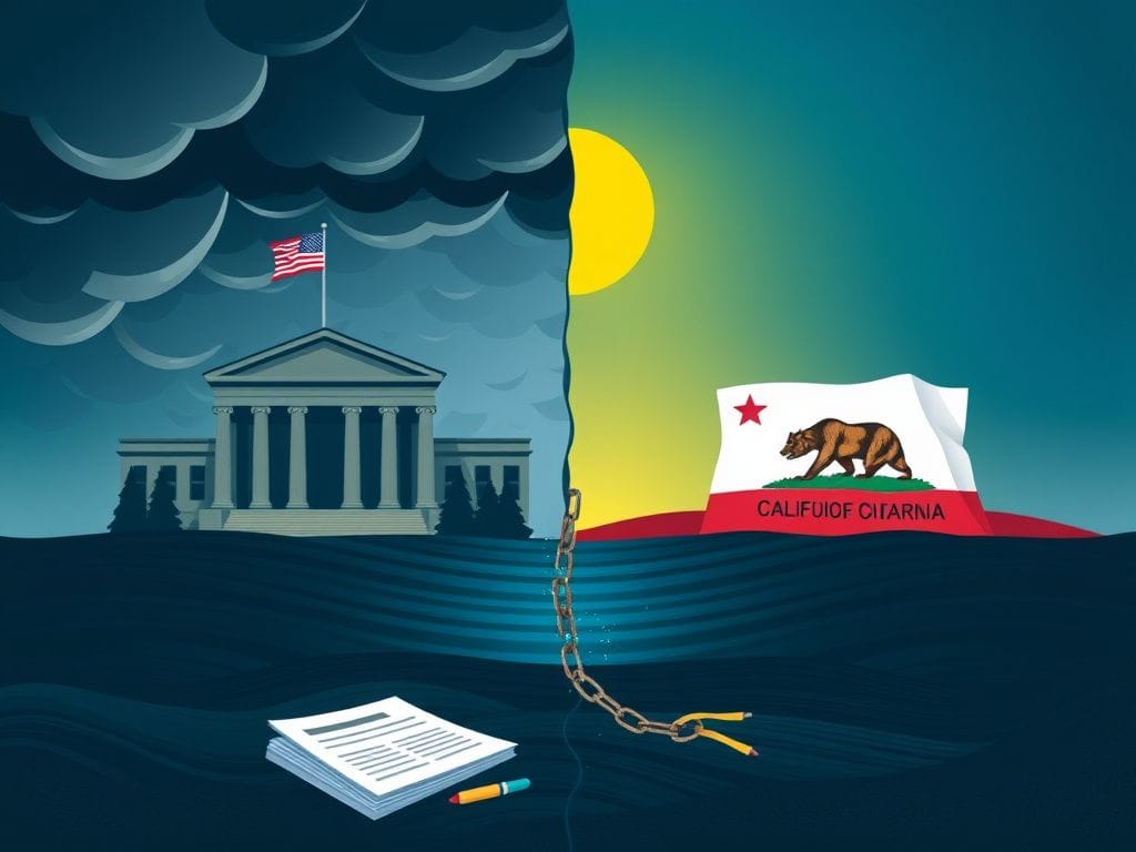 Flick International Split landscape depicting the tension between federal authority and California governance, featuring contrasting imagery of a federal building and California's landscape.