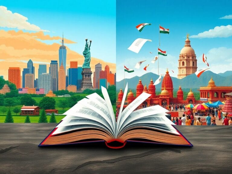 Flick International Split landscape depicting American and Indian cultures, with an iconic skyline and traditional Indian elements