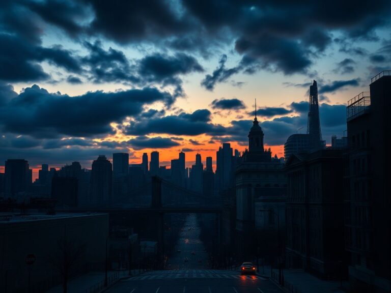 Flick International Dramatic cityscape of New York City under a twilight sky symbolizing political conflict