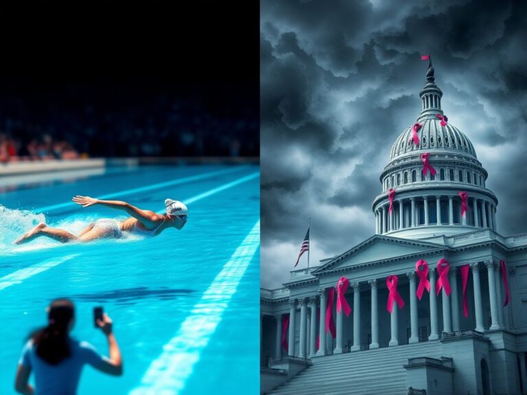 Flick International Dynamic split-scene image contrasting a powerful swimmer in clear blue water with a chaotic political environment above a crumbling Capitol building