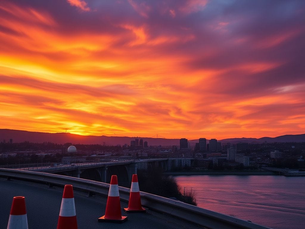 Flick International A dramatic sunset over Portland, Oregon, showcasing the skyline and the Hawthorne Bridge.
