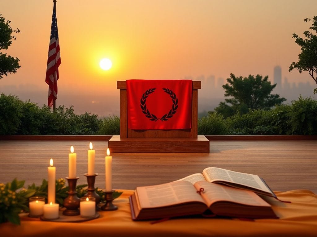Flick International Serene scene depicting a wooden podium with a red cloth and American flag in the background