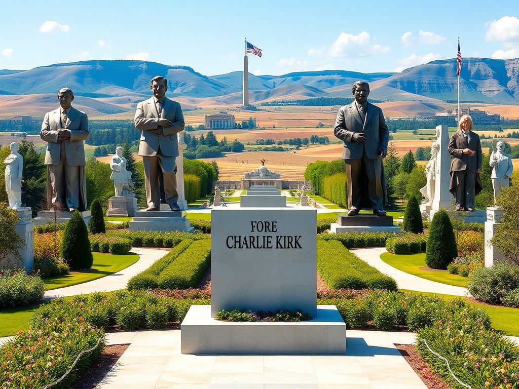 Flick International Majestic garden scene featuring empty pedestal for Charlie Kirk statue surrounded by iconic American figures