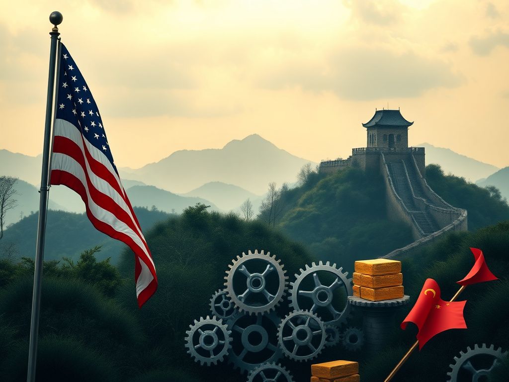 Flick International A serene yet tense landscape showcasing the U.S. and China trade dynamics with an American flag and the Great Wall of China.