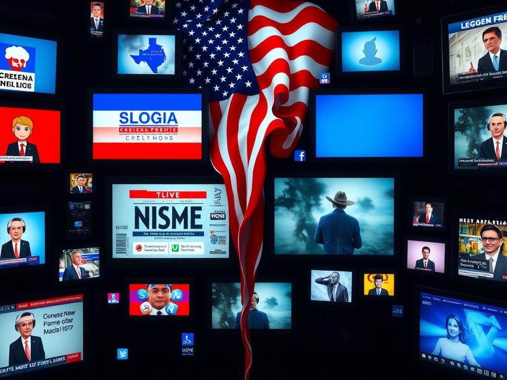 Flick International A collage showcasing contrasting news sources illustrating conservative and liberal viewpoints on various screens and devices.