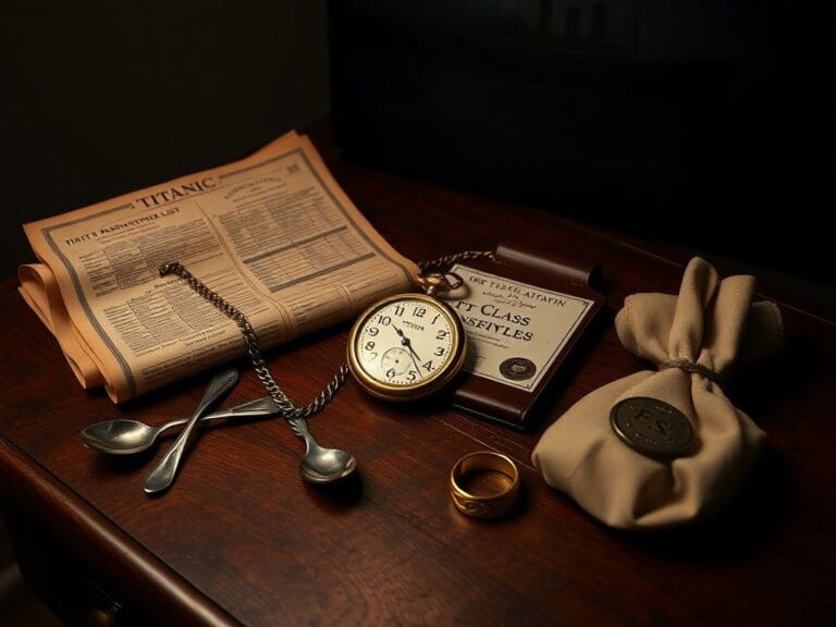 Flick International Vintage wooden table displaying Titanic memorabilia including a gold pocket watch and a first-class passenger list
