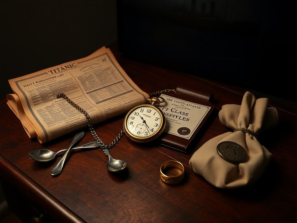 Flick International Vintage wooden table displaying Titanic memorabilia including a gold pocket watch and a first-class passenger list