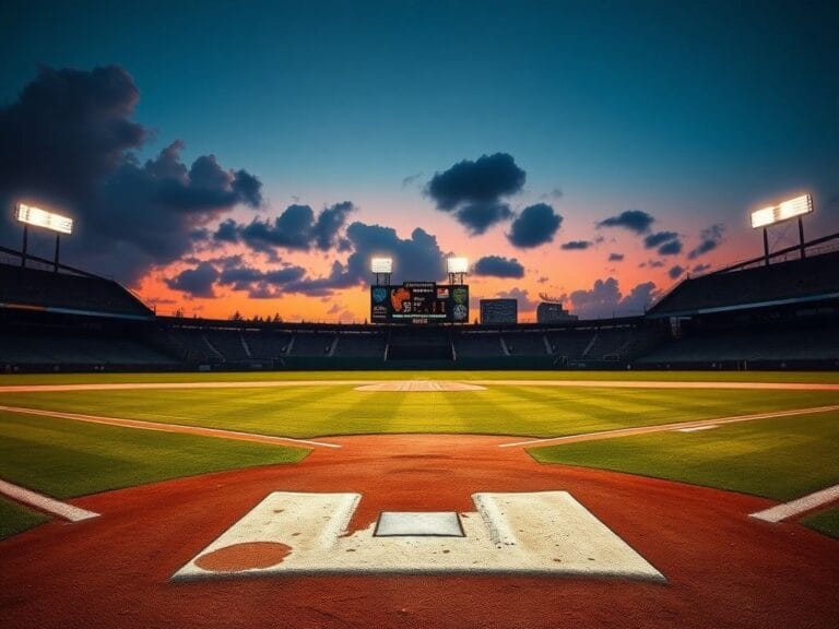 Flick International Dramatic baseball scene at dusk featuring a pristine diamond and glowing stadium lights