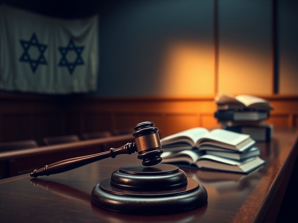 Flick International Somber courtroom scene with a gavel on a wooden bench under soft lighting