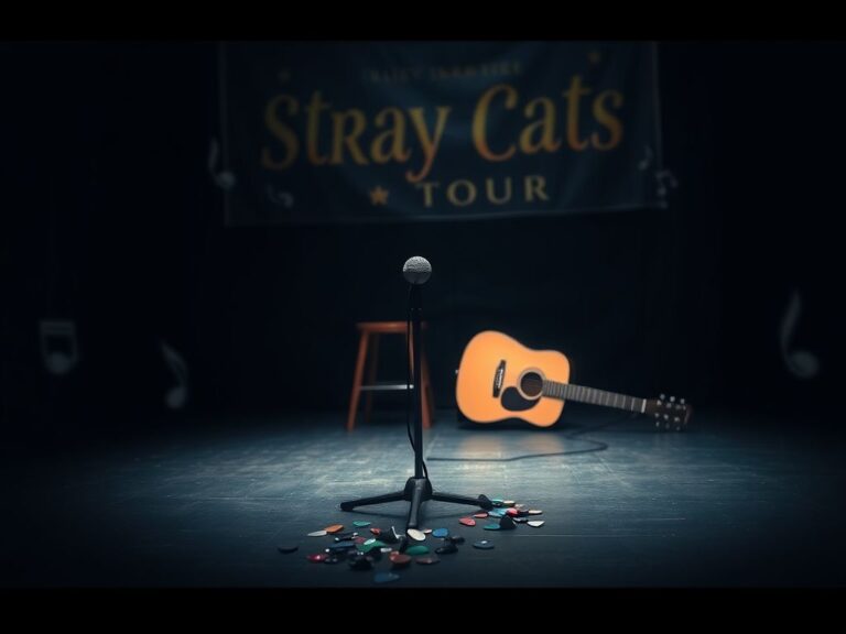 Flick International Dimly lit stage with vintage microphone and scattered guitar picks, evoking nostalgia for Stray Cats' canceled tour