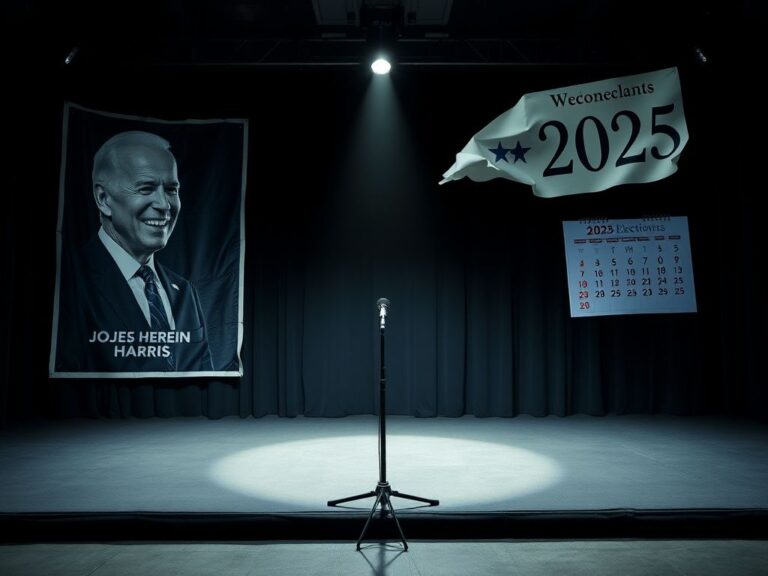 Flick International Dark campaign stage with faded Joe Biden and Kamala Harris posters