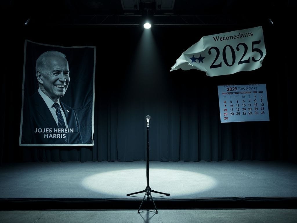 Flick International Dark campaign stage with faded Joe Biden and Kamala Harris posters