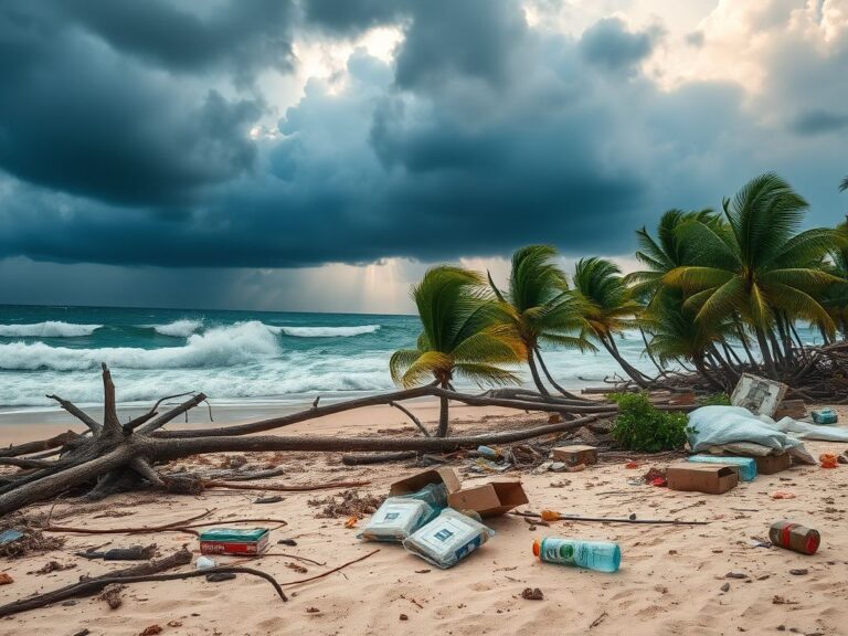 Flick International Dramatic coastal scene depicting hurricane damage with uprooted palm trees and stormy ocean waves