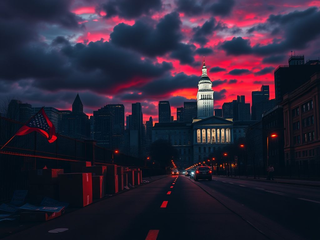 Flick International Dramatic New York City skyline at dusk with dark clouds
