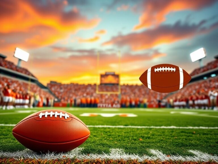 Flick International A vibrant football field scene during a Texas Longhorns game featuring a quarterback's football in the foreground