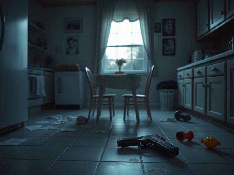 Flick International A dimly lit kitchen with a .40 Taurus handgun on the floor next to children's drawings and a broken toy