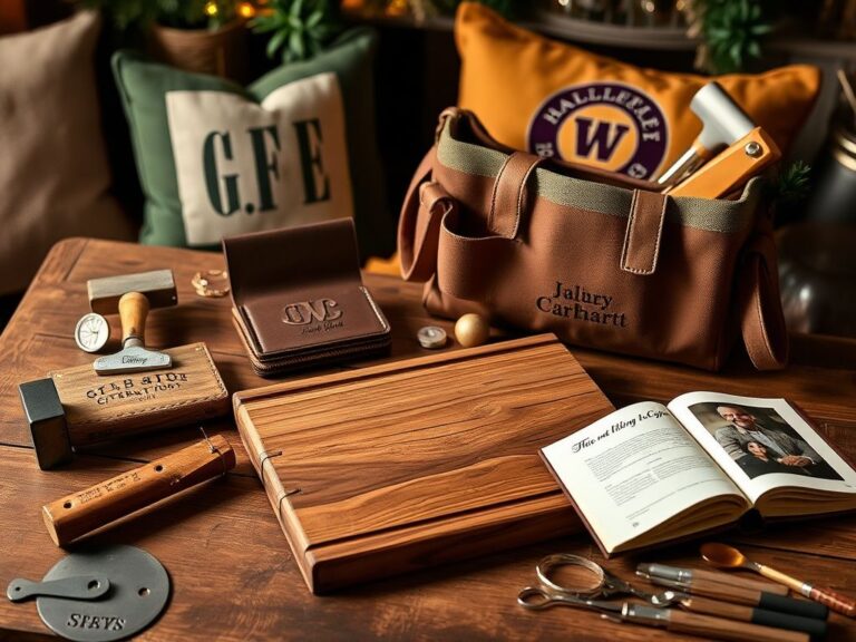 Flick International A beautifully arranged collection of personalized gifts on a rustic wooden table
