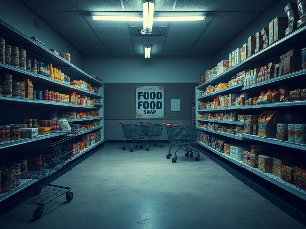 Flick International A somber, empty grocery store aisle highlighting potential food scarcity