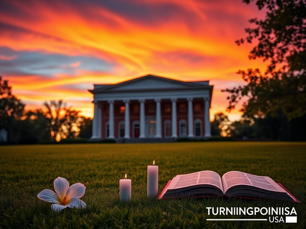 Flick International Serene sunset over Ole Miss campus with Lyceum building silhouette
