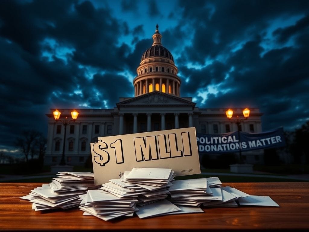 Flick International Dramatic scene of the Virginia State Capitol building at dusk with campaign donation envelopes
