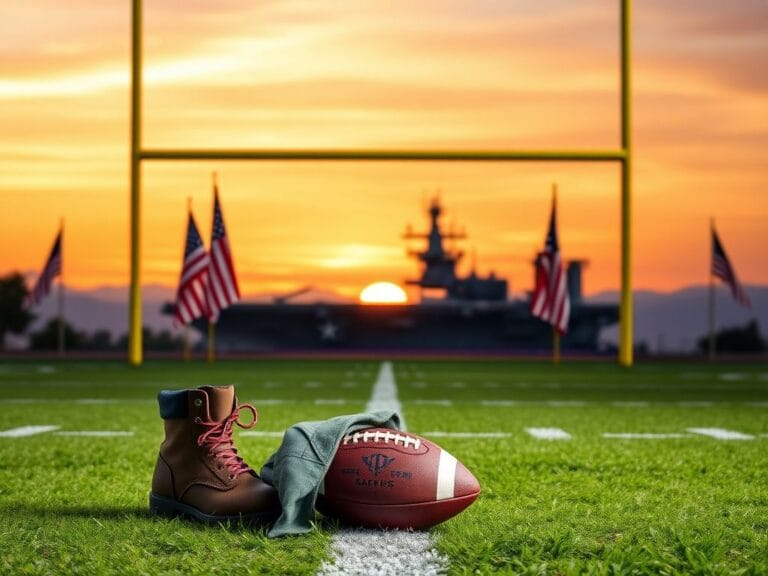 Flick International Powerful image of a football field at sunset with goalposts draped in American flags