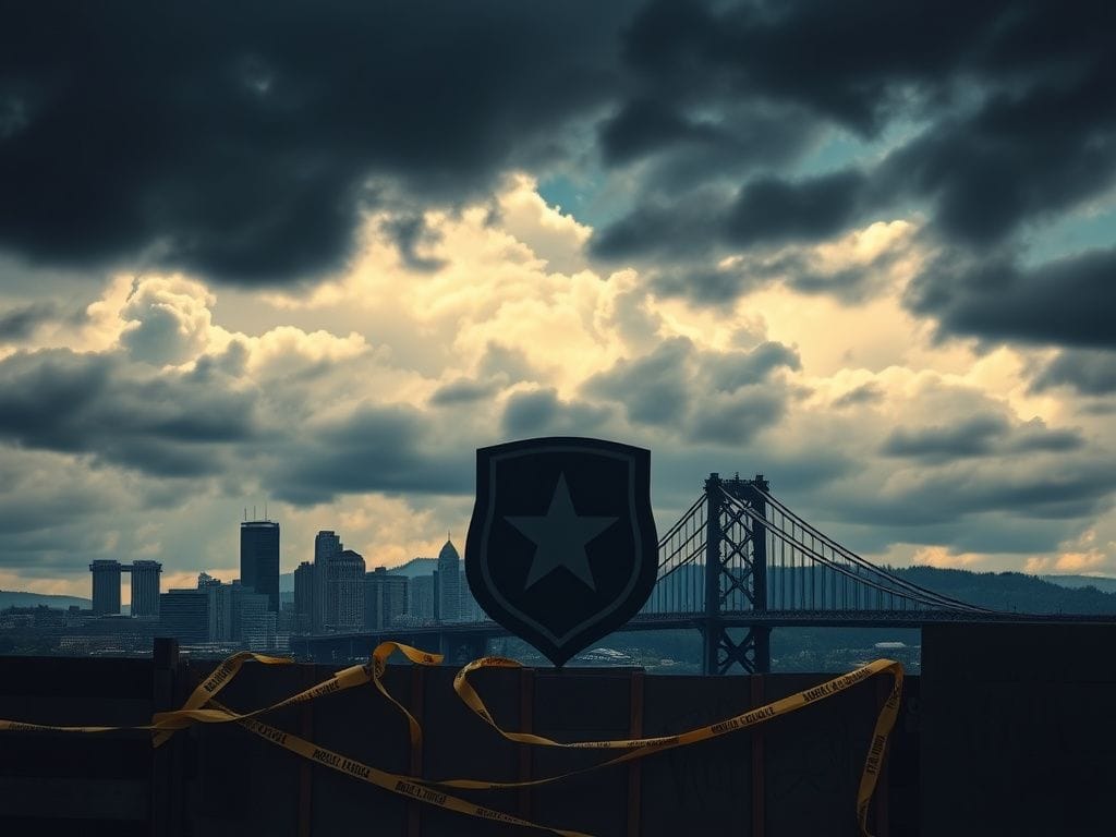 Flick International A dramatic stormy sky over Portland, Oregon, with National Guard emblem looming above a barricade.