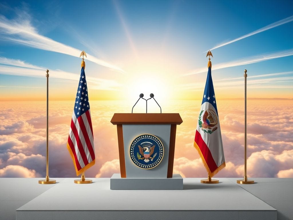 Flick International An empty podium flanked by two flags symbolizing a potential 2028 presidential ticket.
