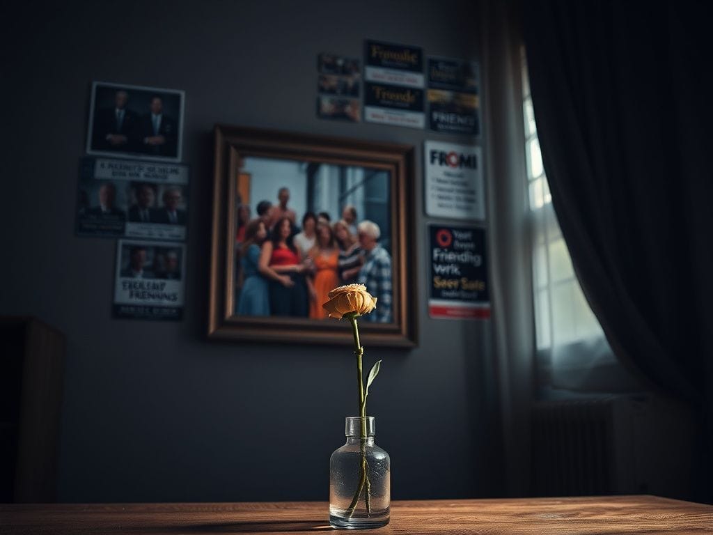 Flick International A dimly lit room with a cracked picture frame and a wilted flower symbolizing lost friendships