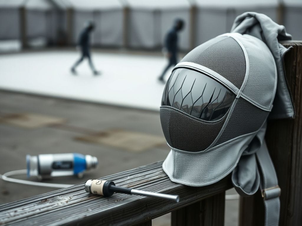 Flick International A close-up of a fencing mask resting on a wooden fence, symbolizing the serious debate in fencing regarding trans athlete participation.