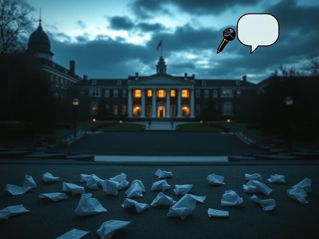 Flick International Empty outdoor amphitheater at the University of Delaware during dusk, symbolizing controversy and canceled jokes
