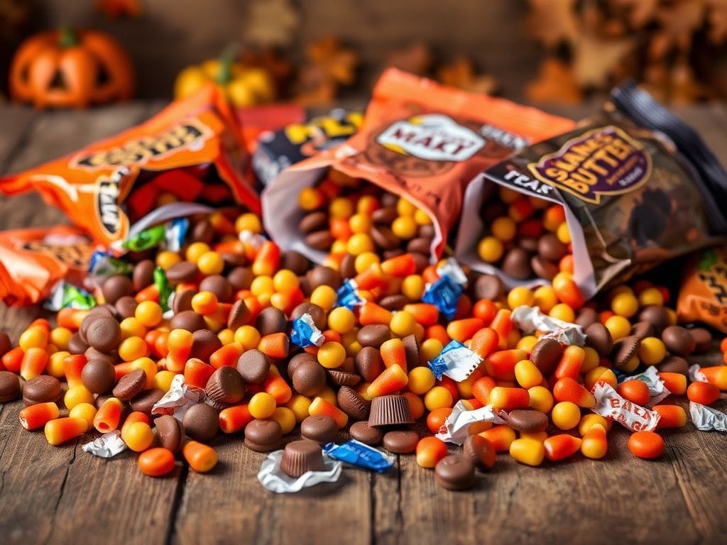 Flick International A vibrant assortment of Halloween candies on a wooden table, featuring smaller packages and traditional favorites.