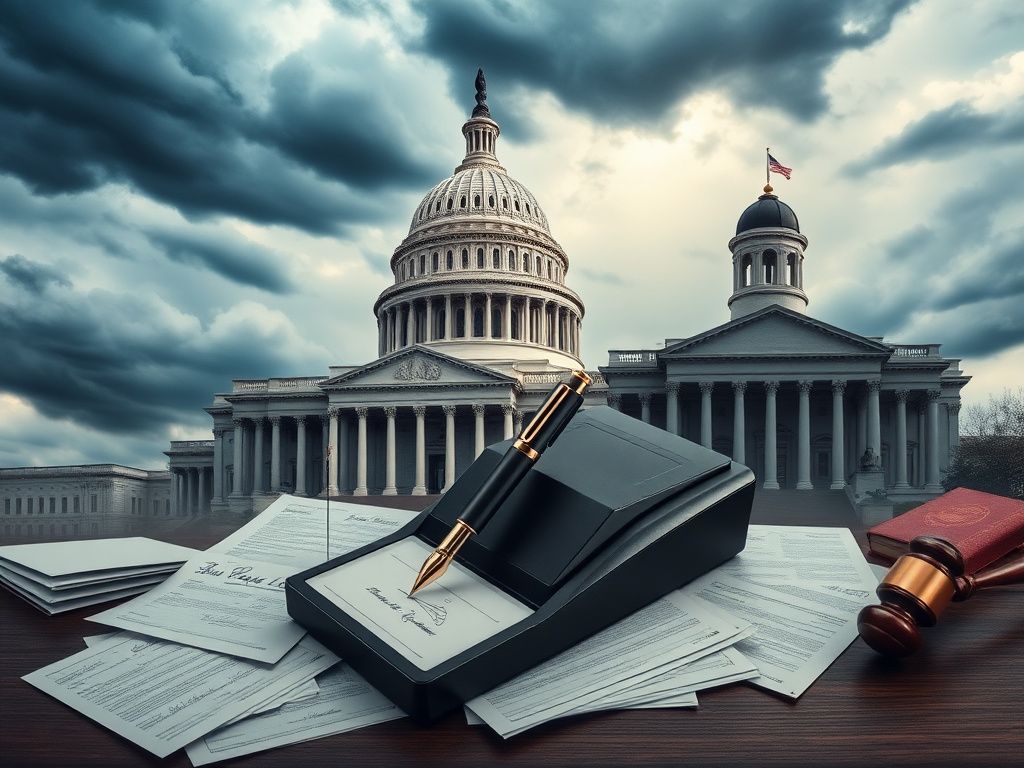 Flick International Autopen machine prominently displayed with printed signatures and legal documents, symbolizing the Biden investigation