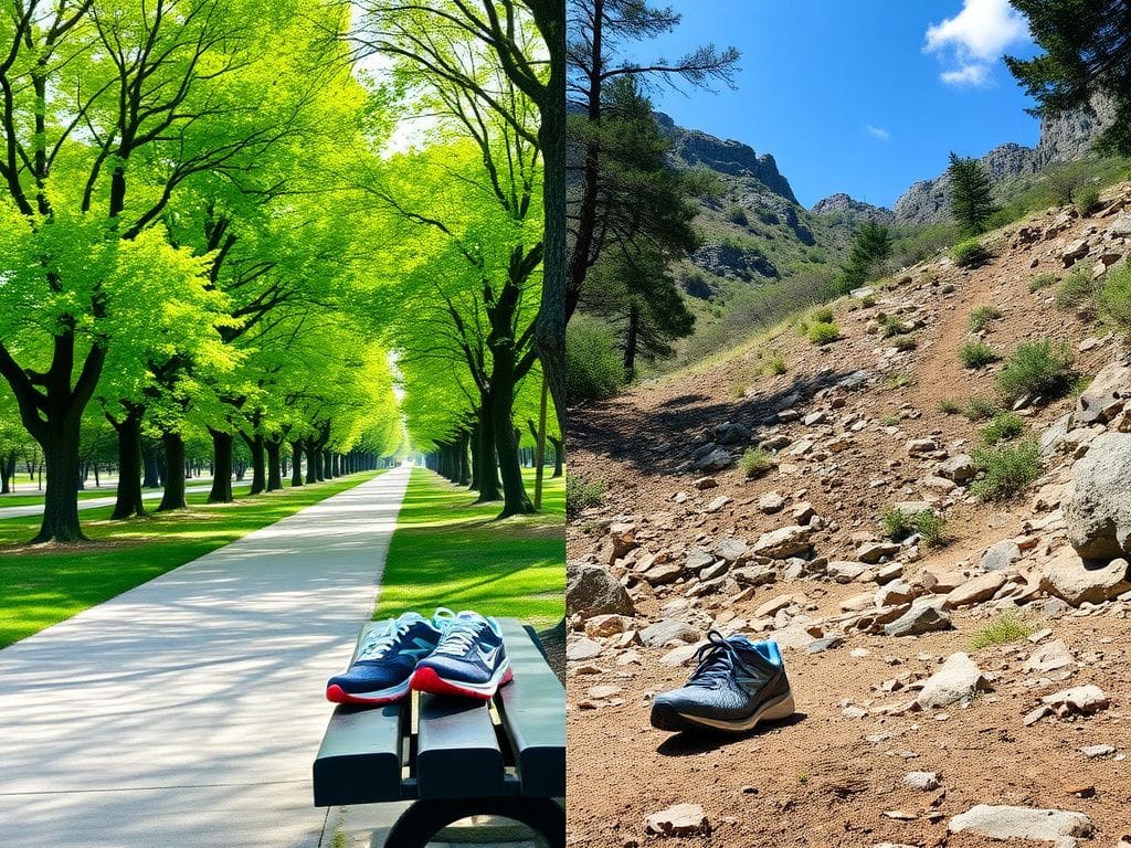 Flick International A split image showcasing a serene park pathway with running shoes and a rugged mountain trail with training shoes.
