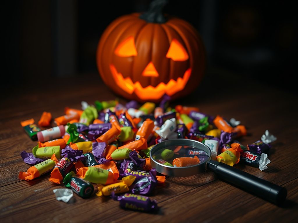 Flick International A dimly lit wooden table scattered with brightly colored Halloween candy, some wrappers showing signs of tampering.