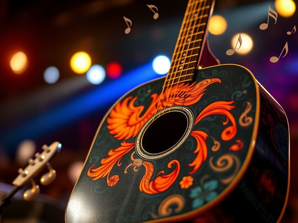 Flick International Customized guitar with vibrant artwork symbolizing family and resilience